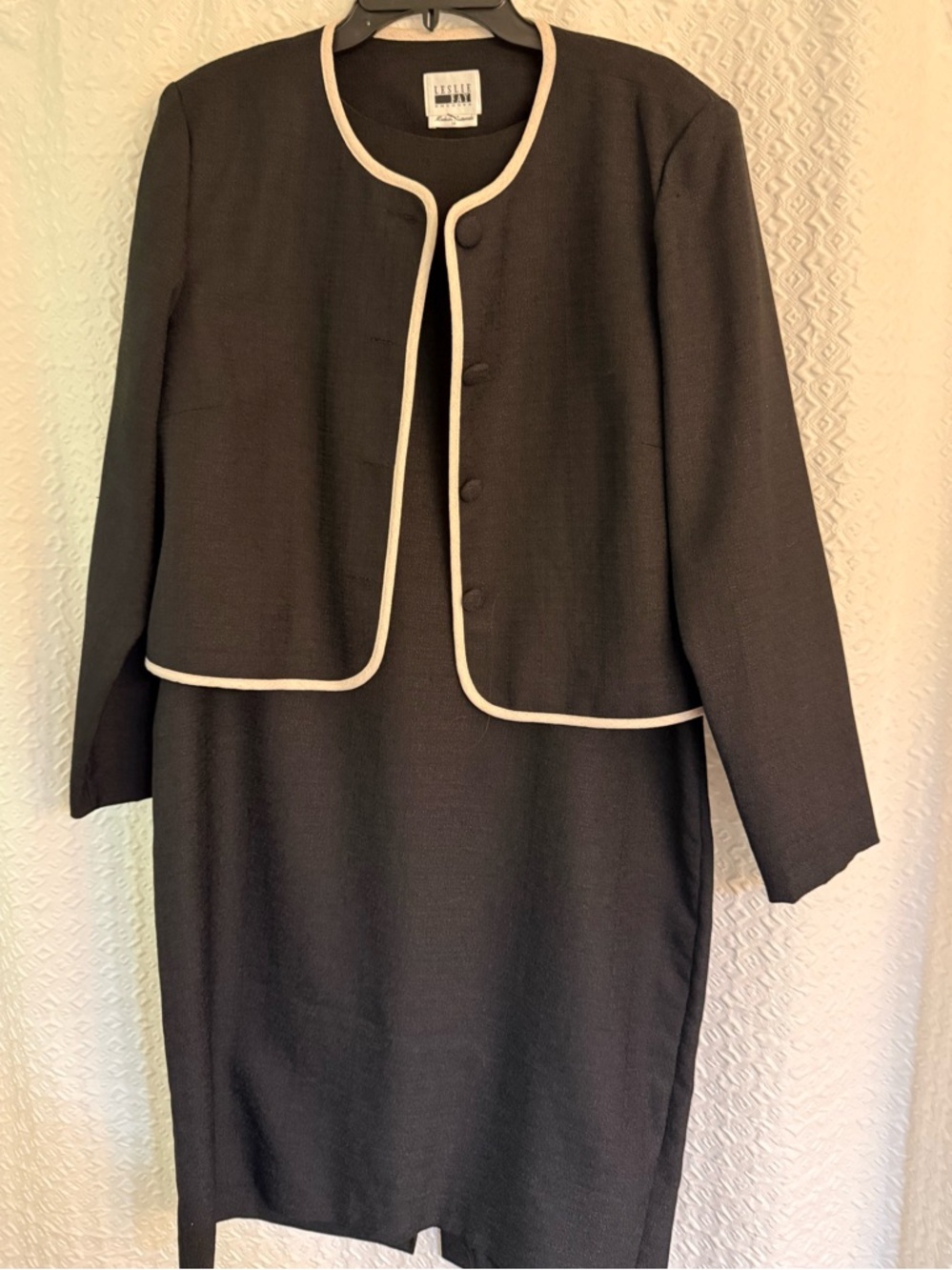Leslie Fay Black Two-Piece Skirt Suit with Cream Trim
